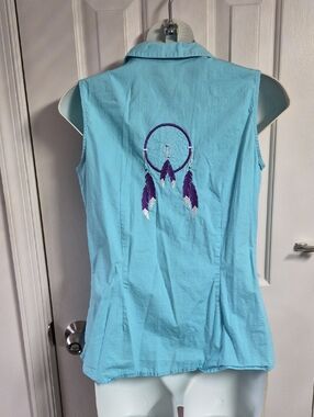St. John's Bay Turquoise Sleeveless Top with Purple Dreamcatcher Embroidery